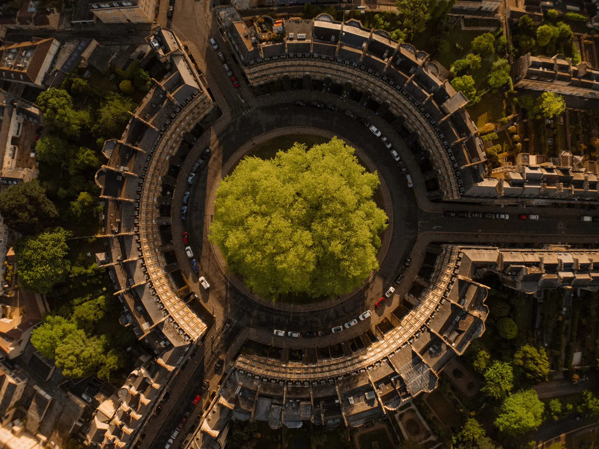 The Circus in Bath from directly above, a ring of plane trees at its centre